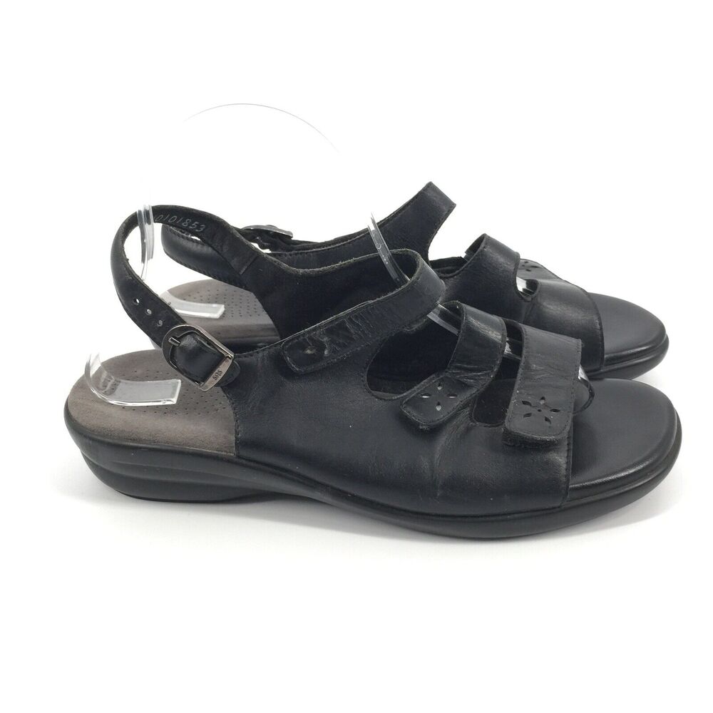 SAS Quarto 3 Strap Slingback Leather Comfort Sandals Size 9.5 Wide Black